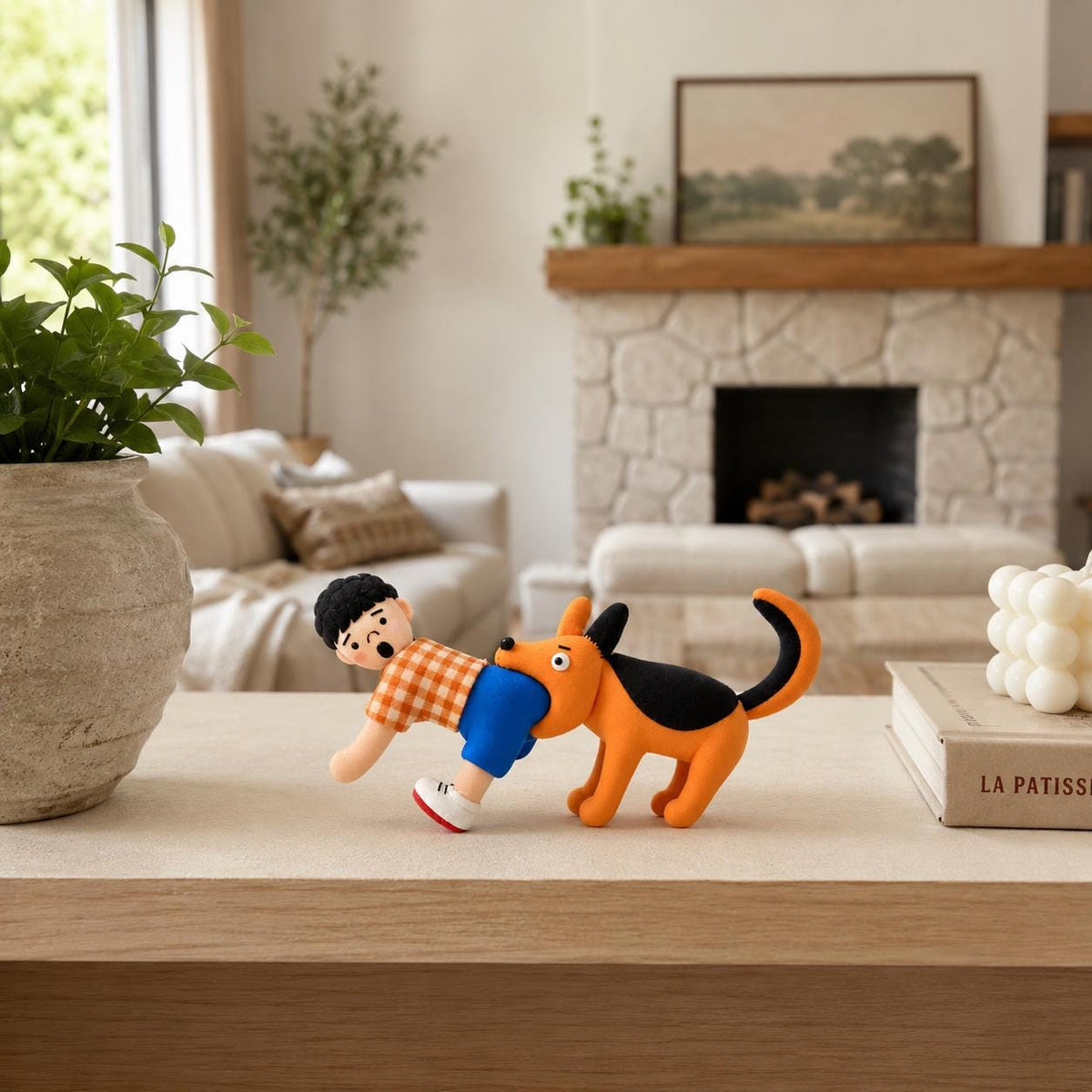Handmade boy and dog clay figurine, original listing image 3