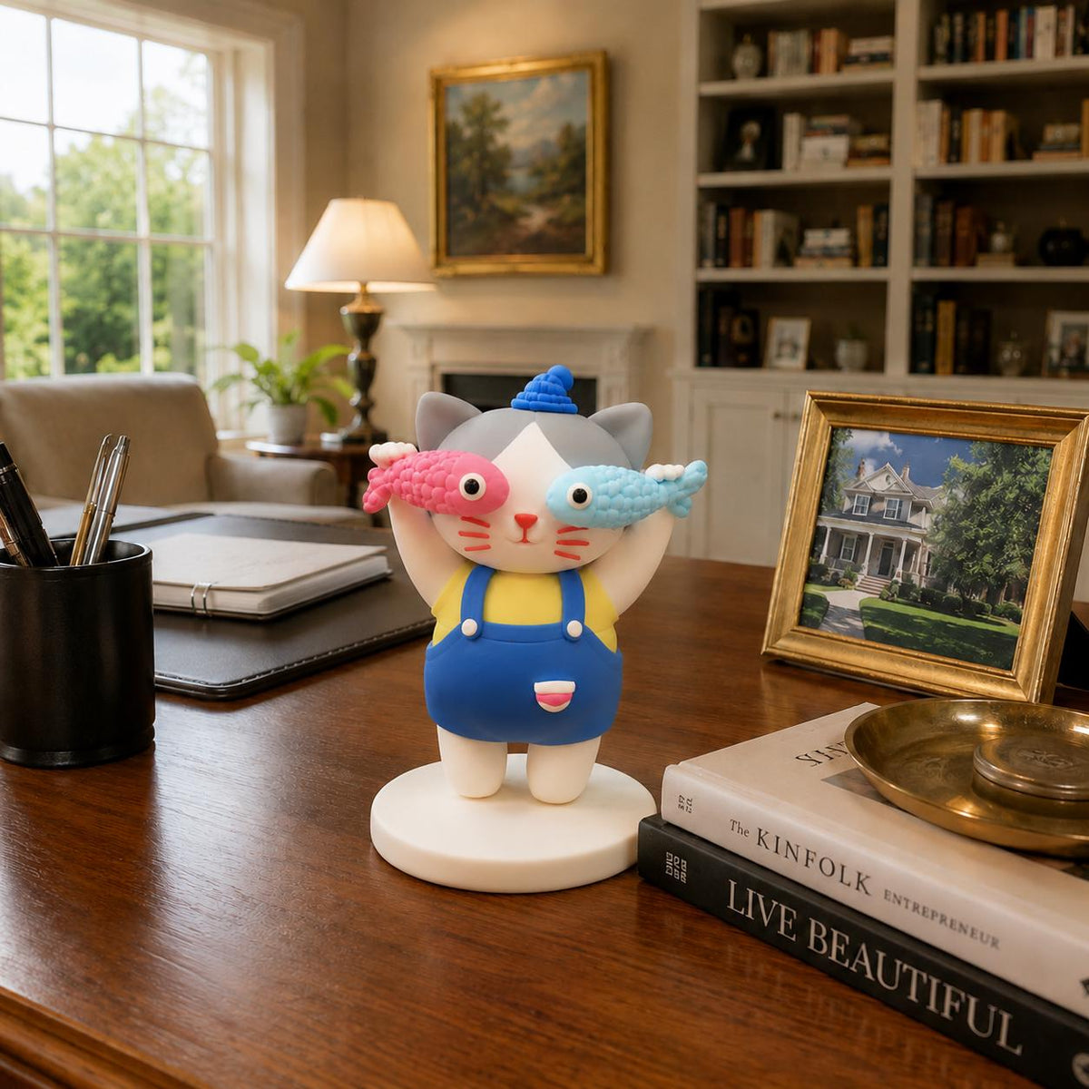 Handmade cat clay figurine holding pink and blue fish, image 2
