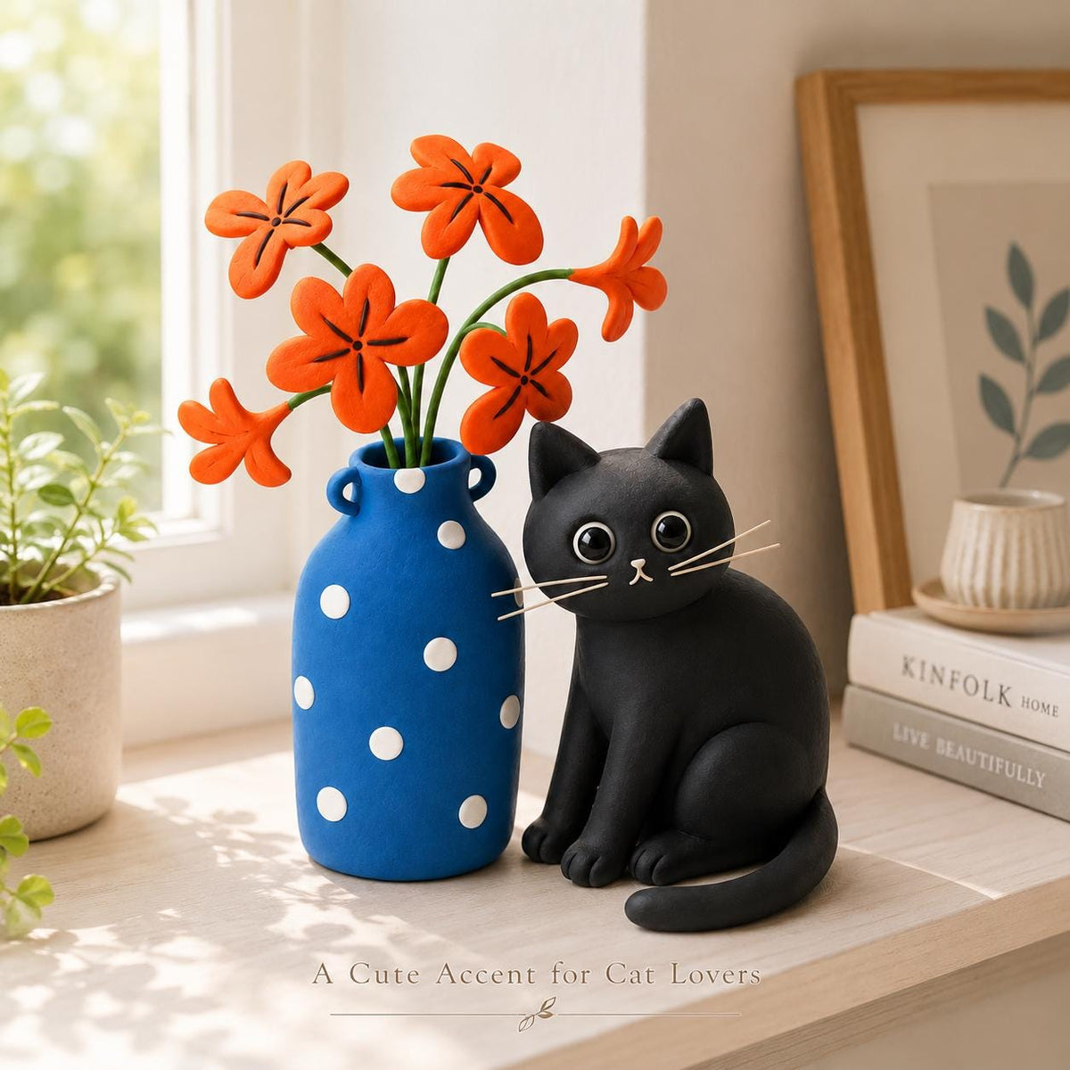 Handmade black cat with blue polka-dot vase and orange clay flowers