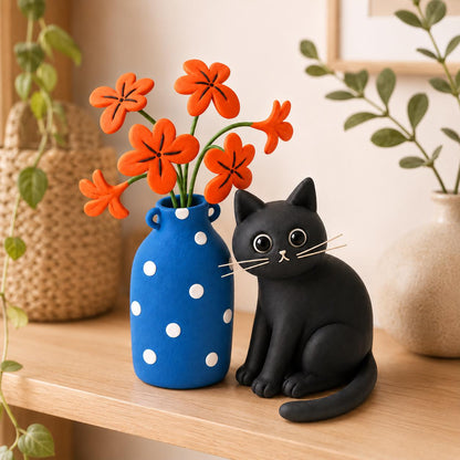 Handmade black cat with blue polka-dot vase and orange clay flowers