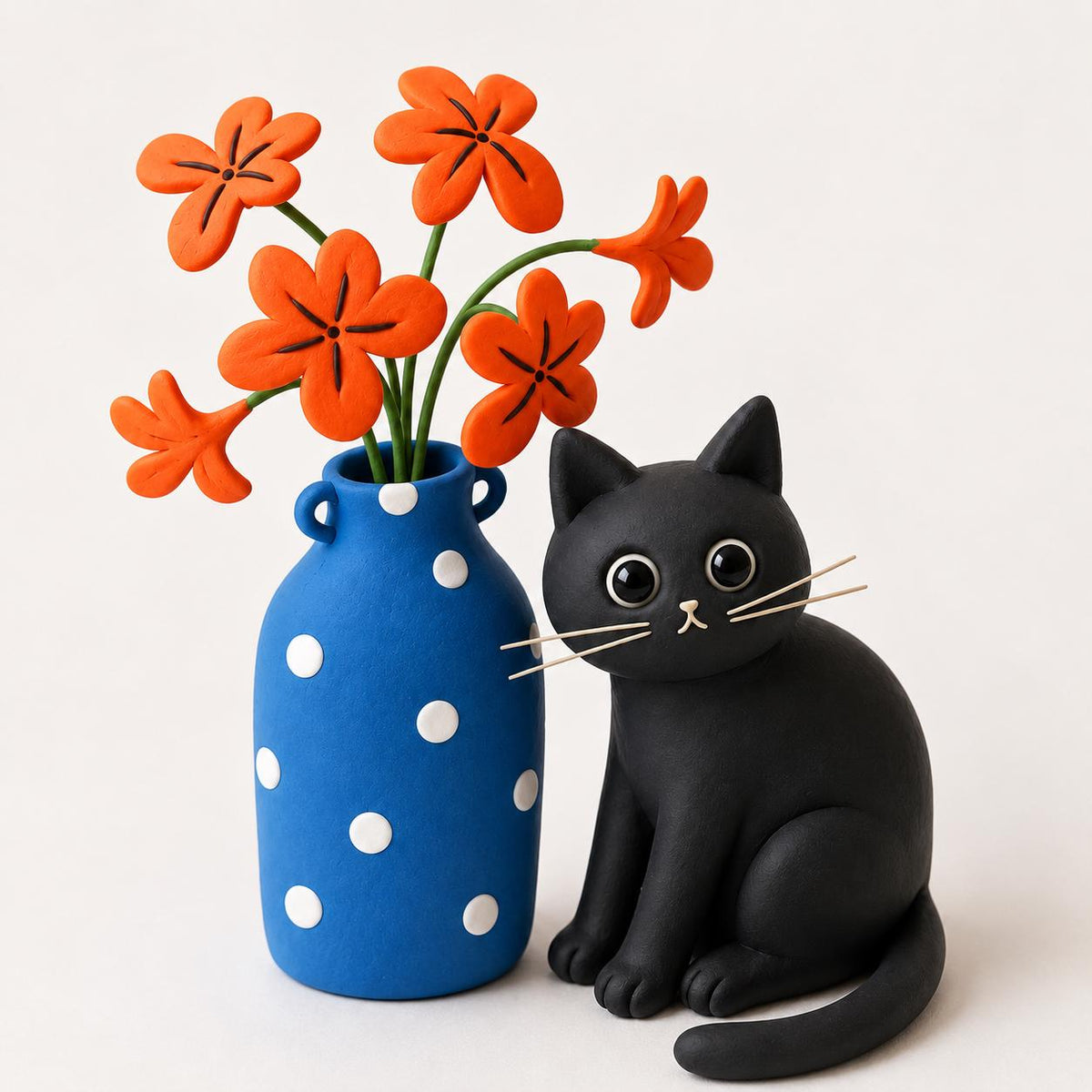 Handmade black cat with blue polka-dot vase and orange clay flowers