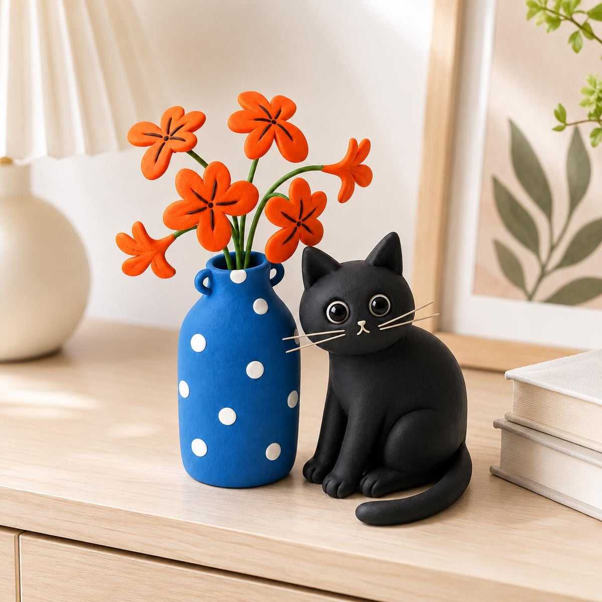 Handmade black cat with blue polka-dot vase and orange clay flowers