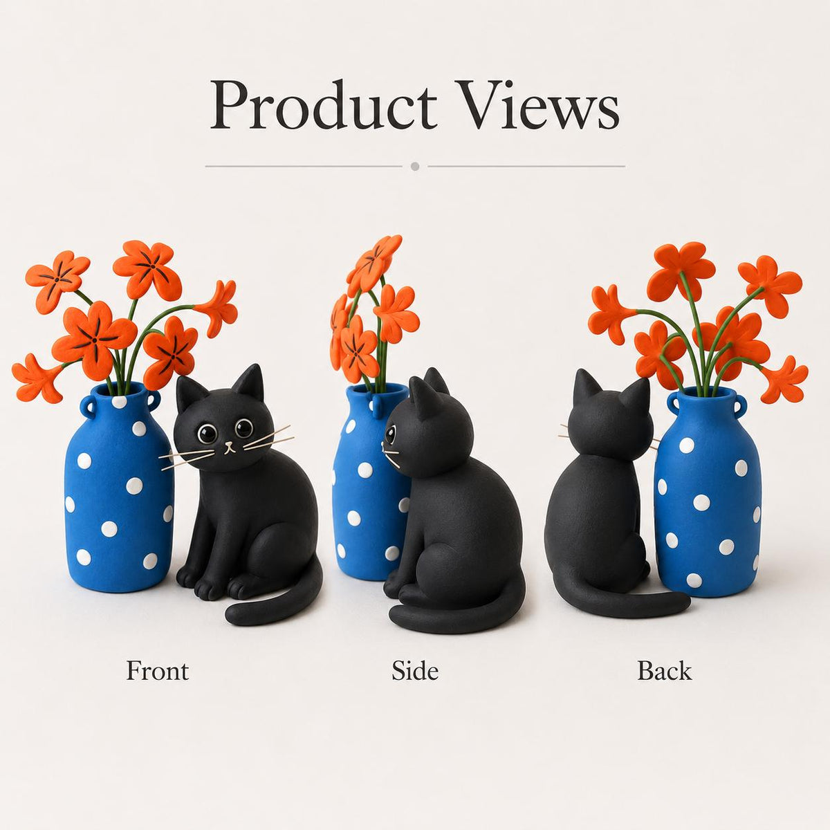 Handmade black cat with blue polka-dot vase and orange clay flowers