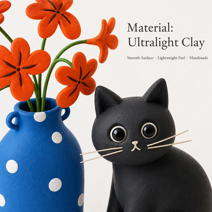 Handmade black cat with blue polka-dot vase and orange clay flowers
