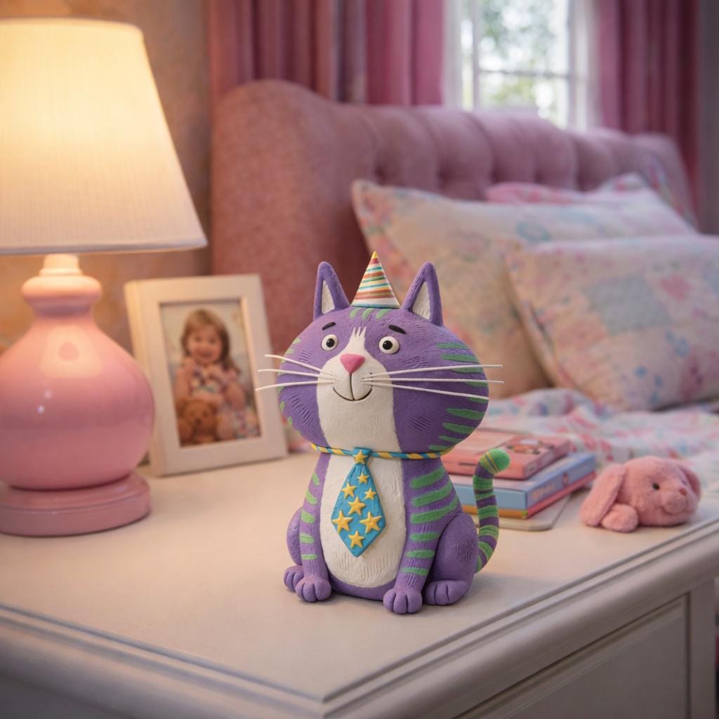 Handmade purple cat clay figurine - image 1