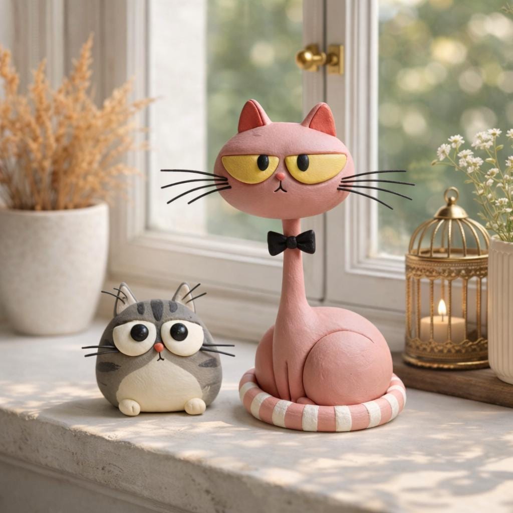 Handmade pink and gray cat figurine pair - image 1
