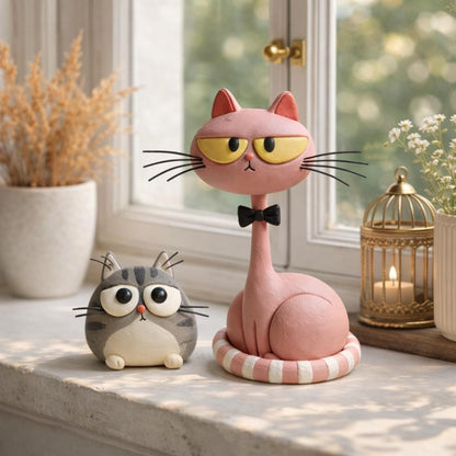 Handmade pink and gray cat figurine pair - image 1
