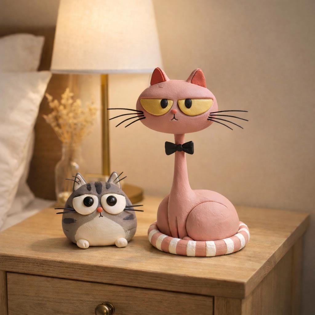 Handmade pink and gray cat figurine pair - image 2