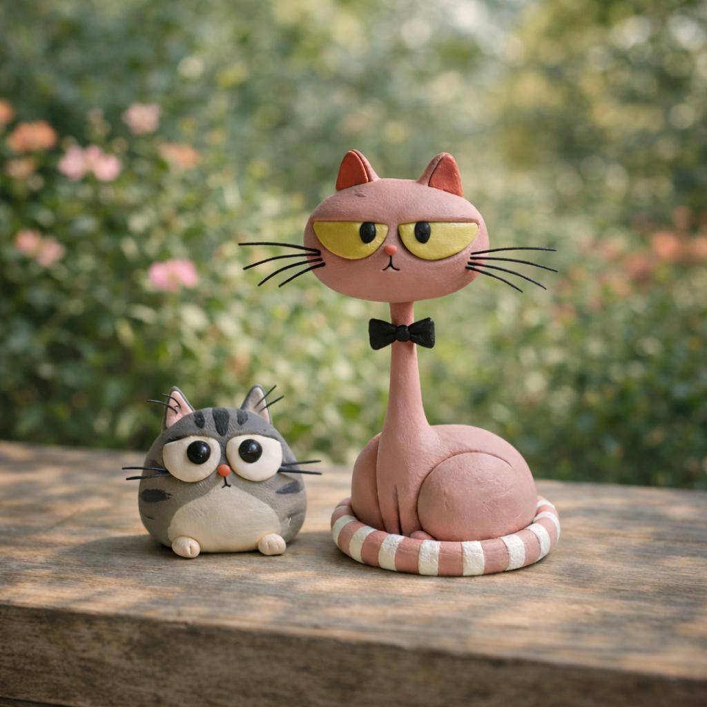 Handmade pink and gray cat figurine pair - image 3