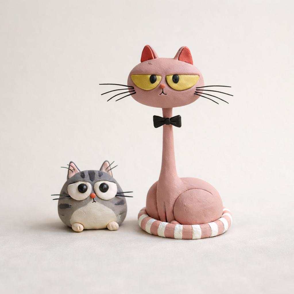 Handmade pink and gray cat figurine pair - image 4