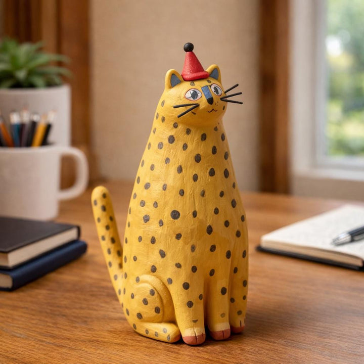 Handmade Yellow Cat Clay Sculpture, Whimsical Desk Ornament — image 1