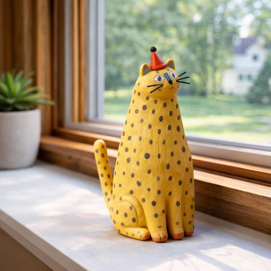 Handmade Yellow Cat Clay Sculpture, Whimsical Desk Ornament — image 2