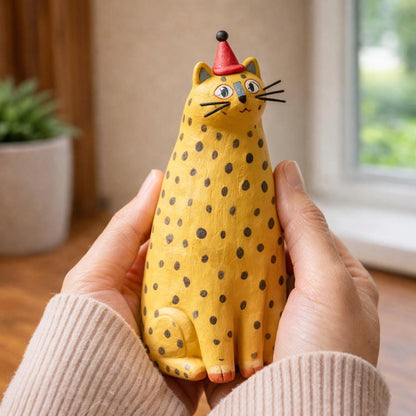 Handmade Yellow Cat Clay Sculpture, Whimsical Desk Ornament — image 3