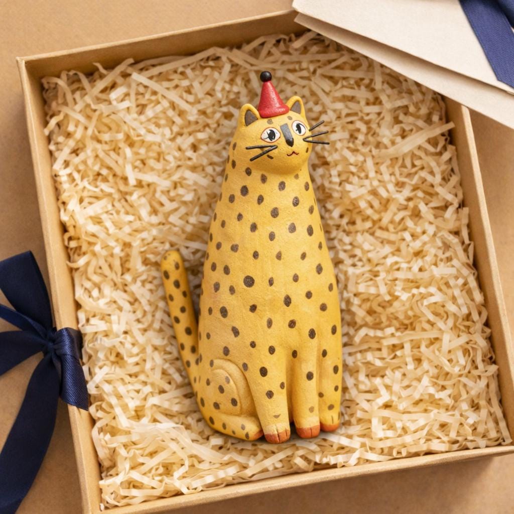 Handmade Yellow Cat Clay Sculpture, Whimsical Desk Ornament — image 4