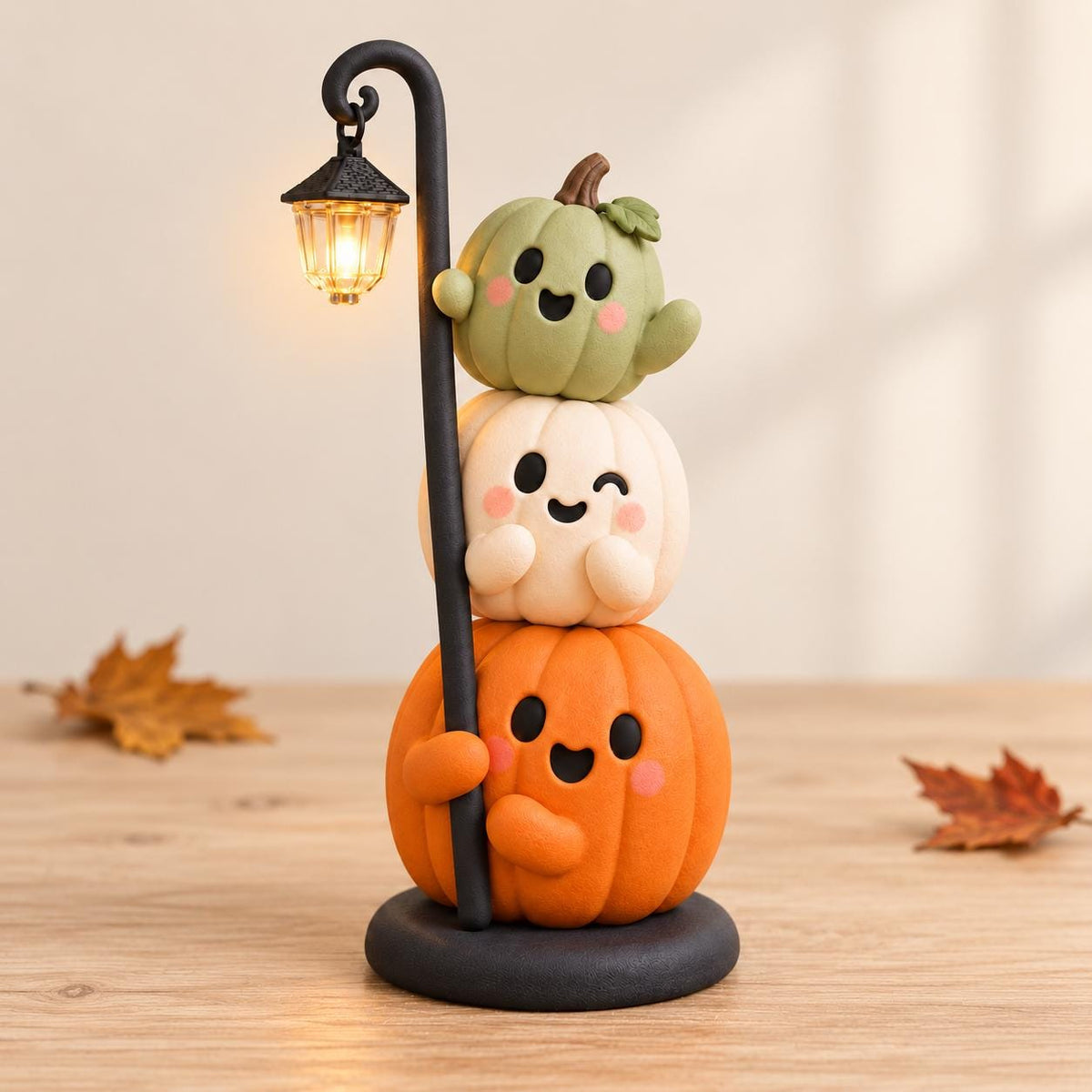 Handmade Stacked Pumpkin Lantern, Ultra-Light Clay Halloween Figurine, Spooky Season Decor — image 1