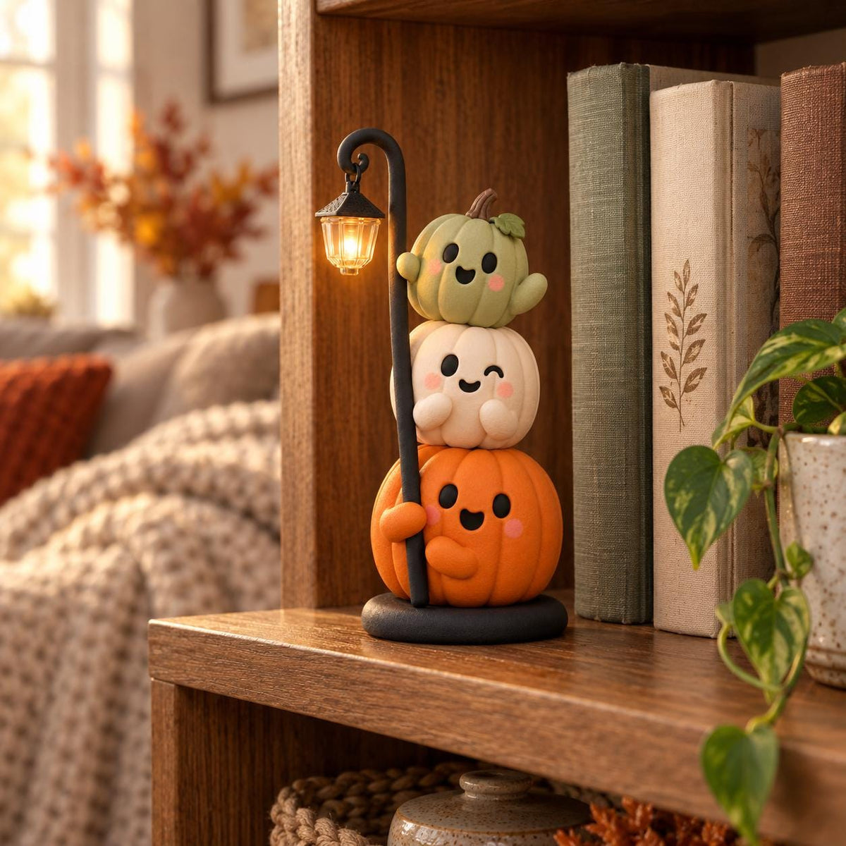 Handmade Stacked Pumpkin Lantern, Ultra-Light Clay Halloween Figurine, Spooky Season Decor — image 2