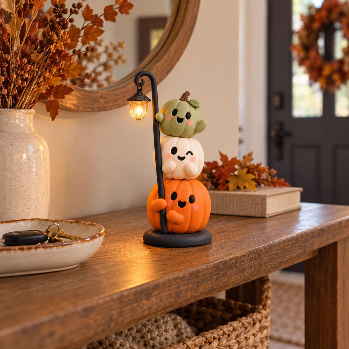 Handmade Stacked Pumpkin Lantern, Ultra-Light Clay Halloween Figurine, Spooky Season Decor — image 3