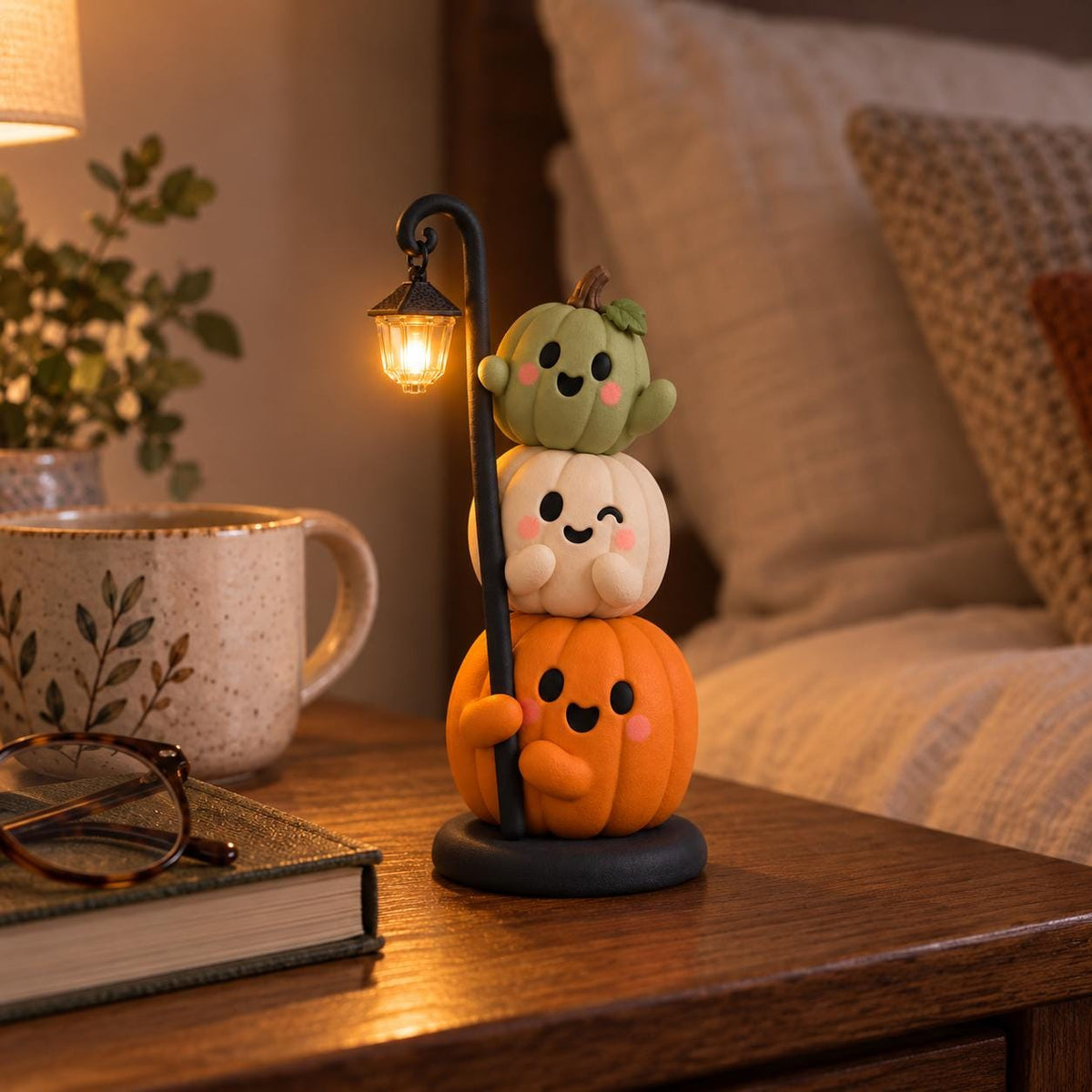 Handmade Stacked Pumpkin Lantern, Ultra-Light Clay Halloween Figurine, Spooky Season Decor — image 4
