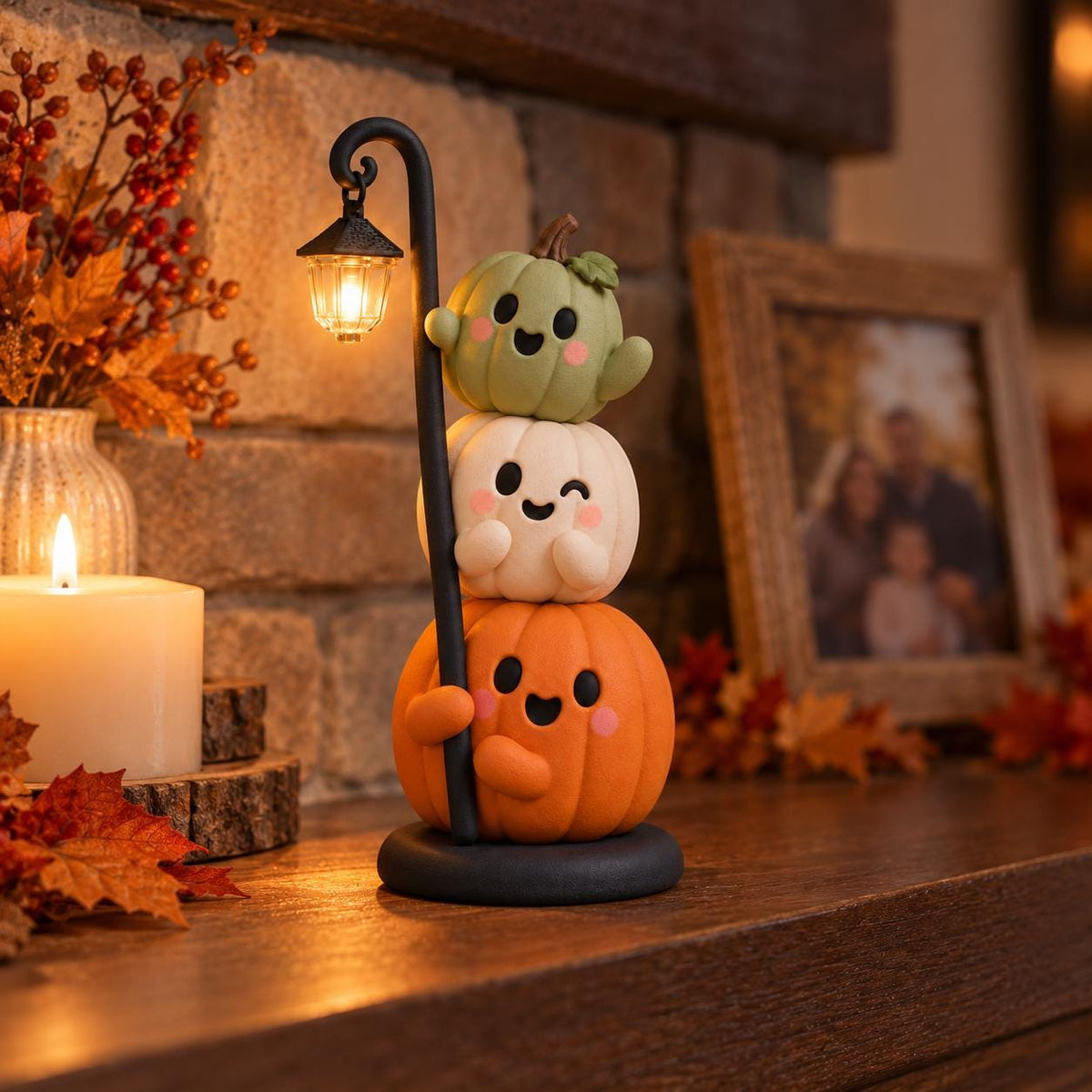 Handmade Stacked Pumpkin Lantern, Ultra-Light Clay Halloween Figurine, Spooky Season Decor — image 5