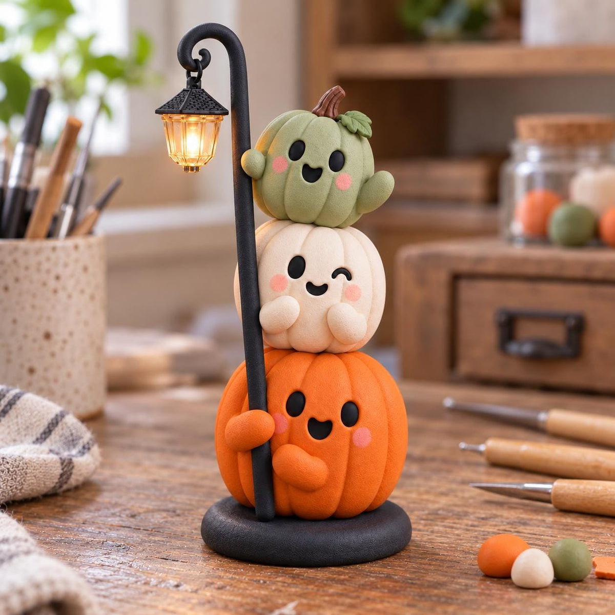 Handmade Stacked Pumpkin Lantern, Ultra-Light Clay Halloween Figurine, Spooky Season Decor — image 6