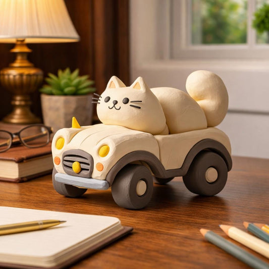 Handmade Clay Cat in Car, Kawaii Desk Decor,Mini Animal Sculpture — image 1