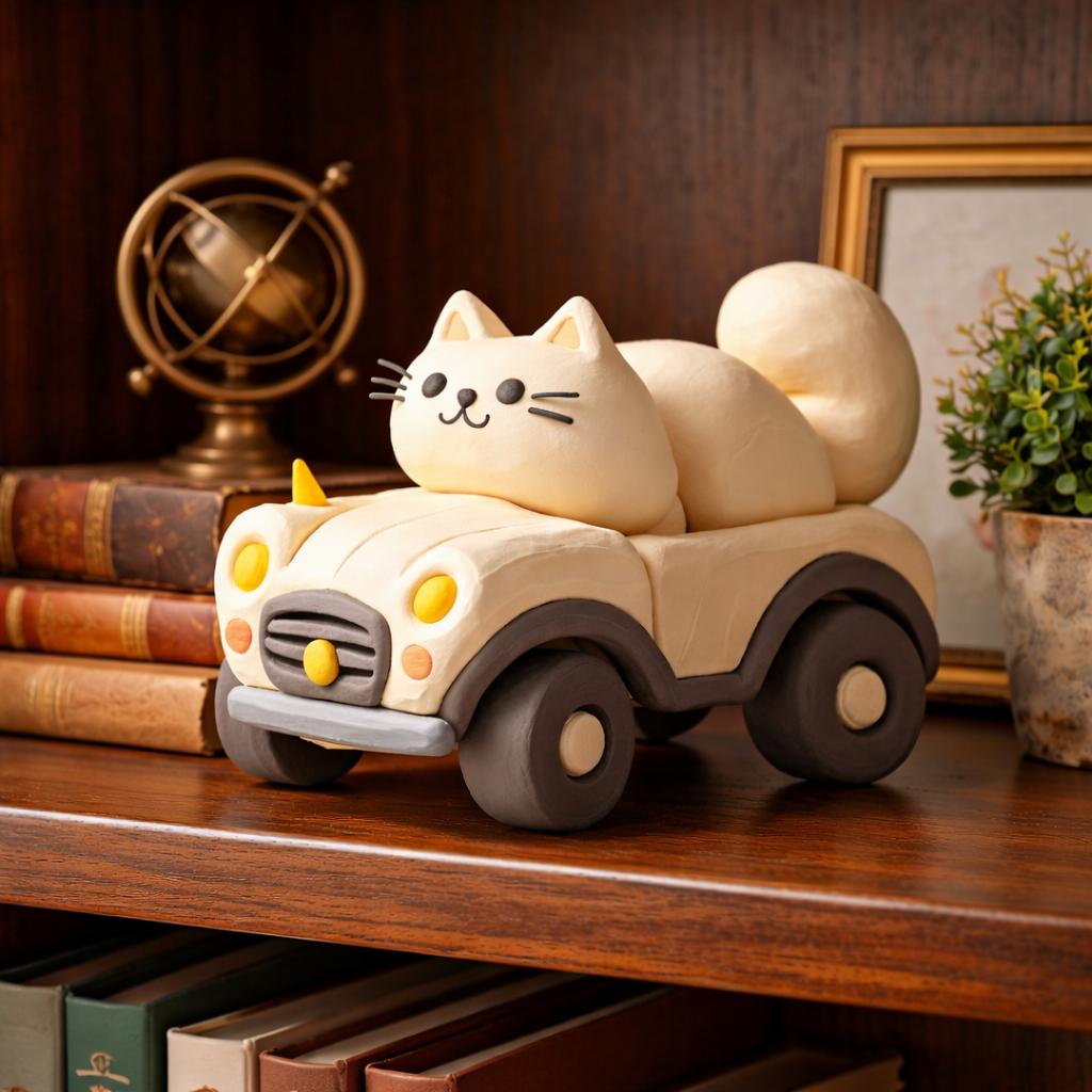 Handmade Clay Cat in Car, Kawaii Desk Decor,Mini Animal Sculpture — image 2