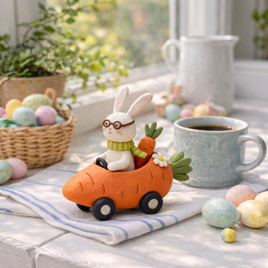 Handmade bunny driving a carrot car clay figurine — product image 1