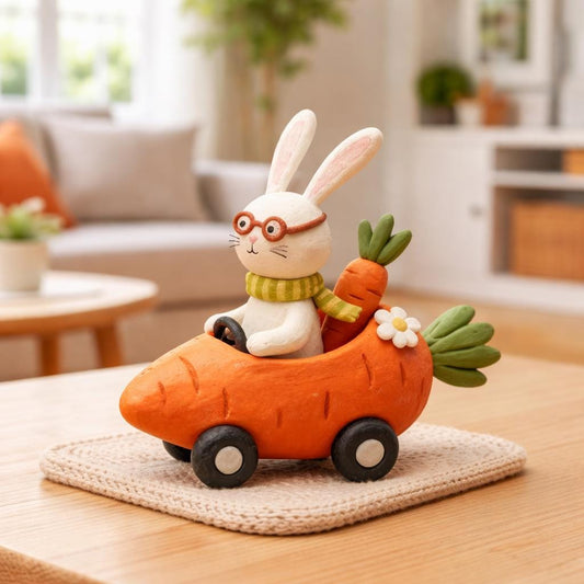 Handmade bunny driving a carrot car clay figurine — product image 2