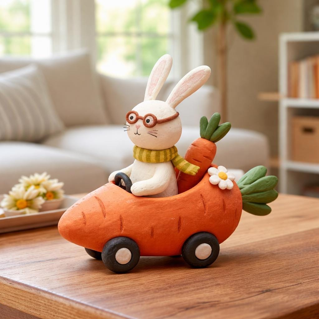 Handmade bunny driving a carrot car clay figurine — product image 3
