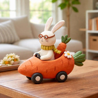 Handmade bunny driving a carrot car clay figurine — product image 3