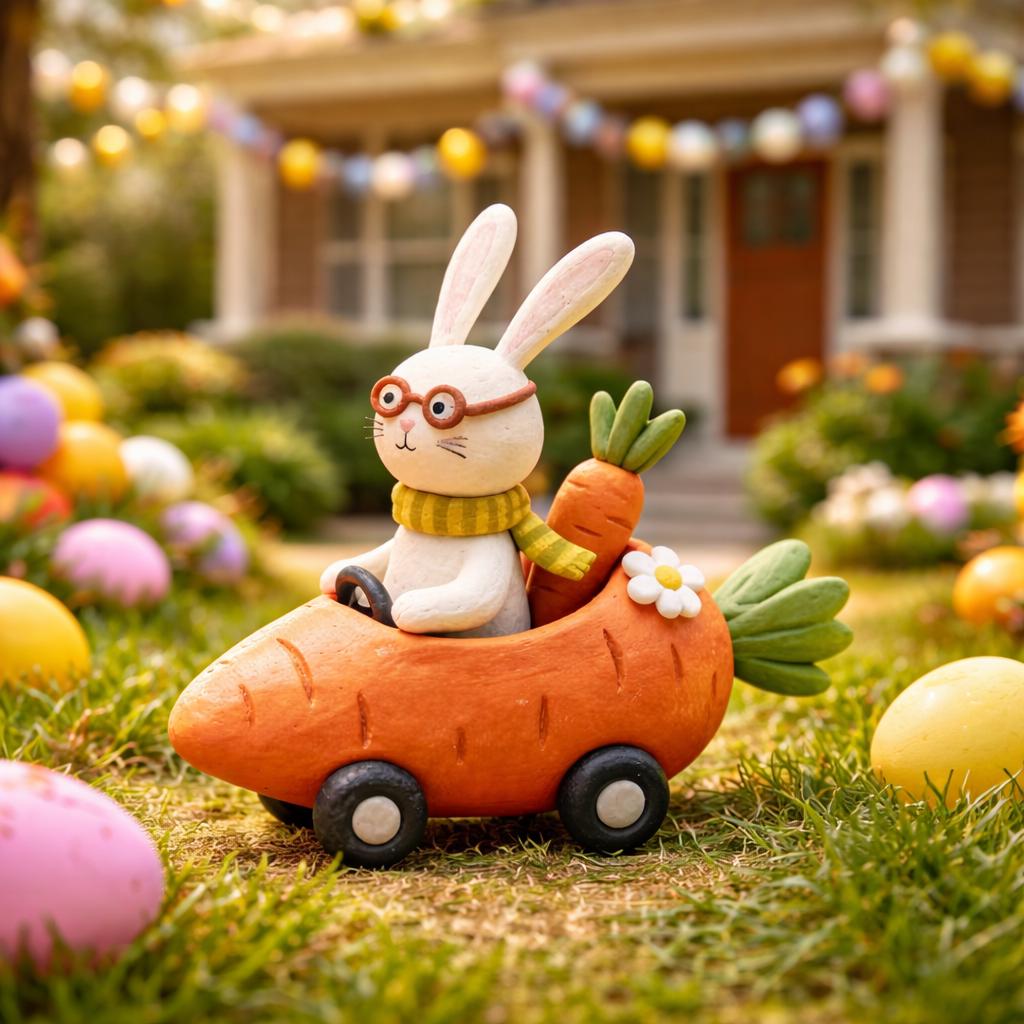 Handmade bunny driving a carrot car clay figurine — product image 4