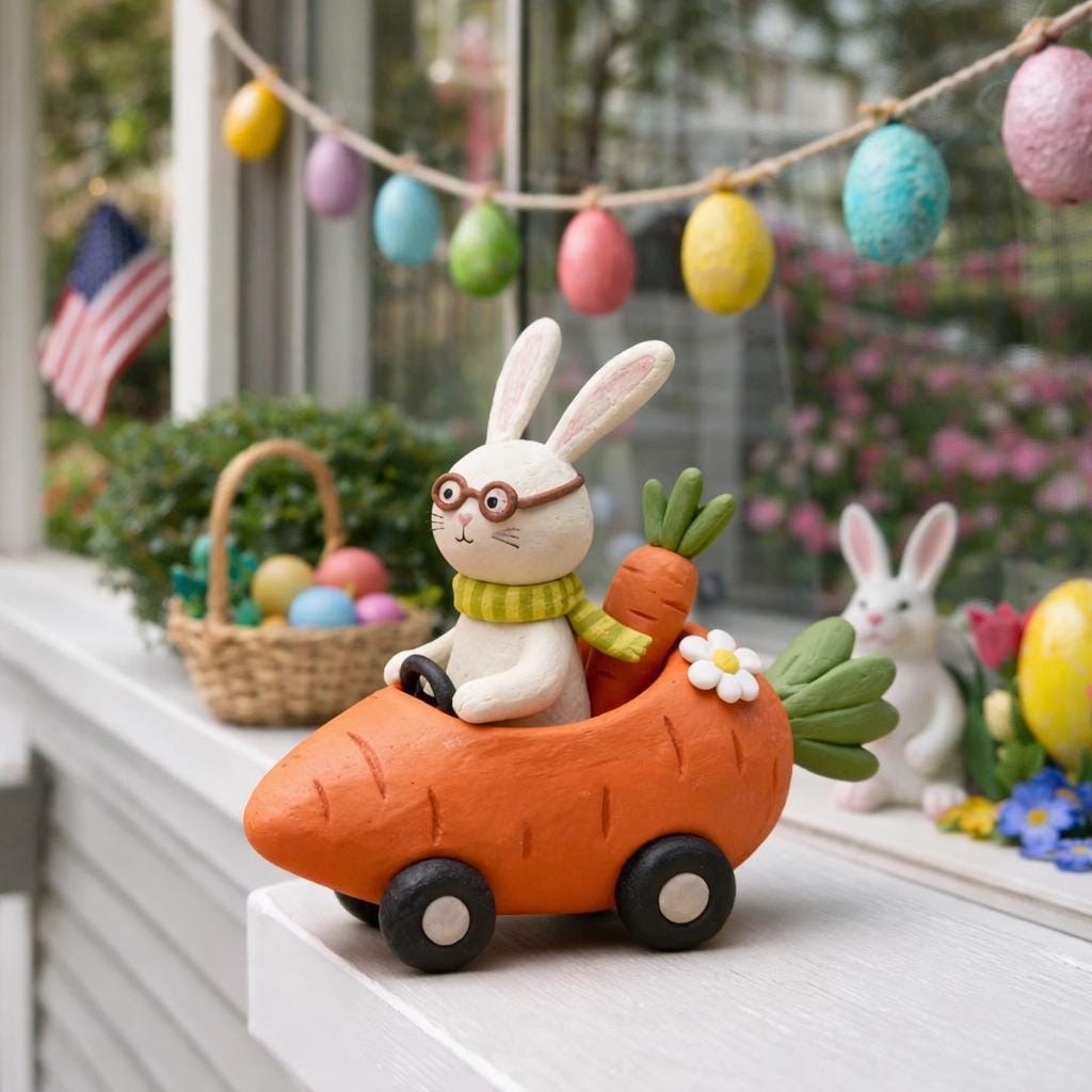 Handmade bunny driving a carrot car clay figurine — product image 5
