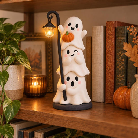 Handmade Stacked Ghost Figurine with Lantern