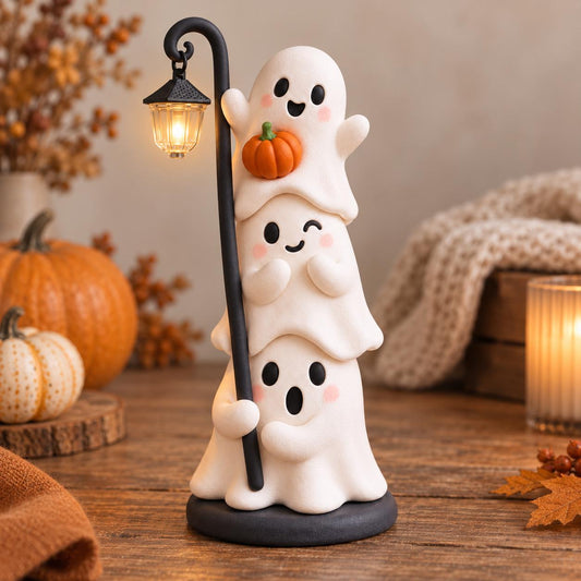 Handmade Stacked Ghost Figurine with Lantern