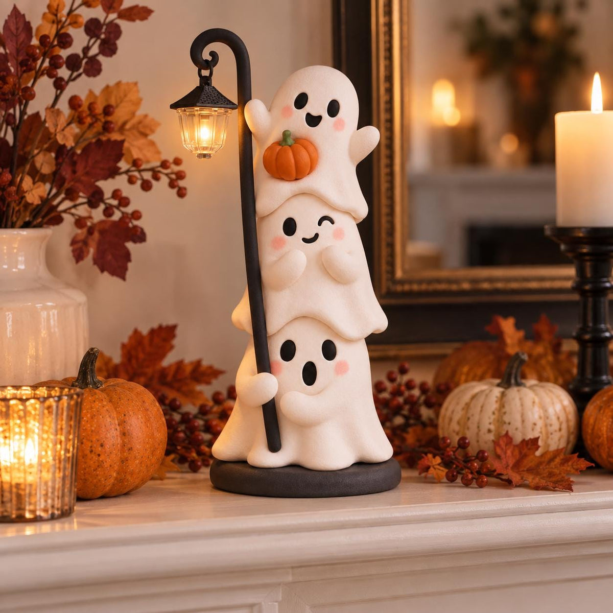 Handmade Stacked Ghost Figurine with Lantern