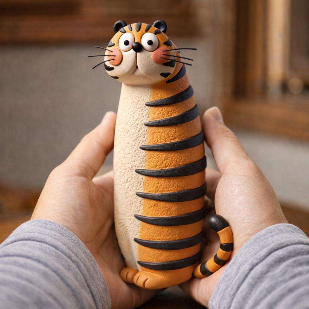 Handmade Whimsical Clay Tiger Figurine