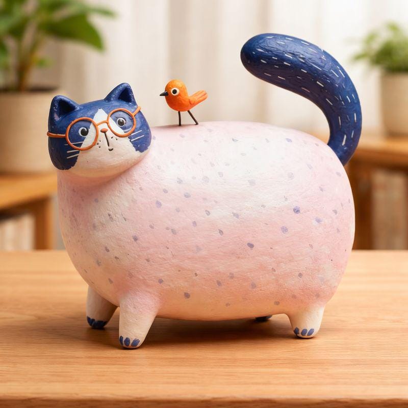 Handmade Blue Cat Clay Sculpture