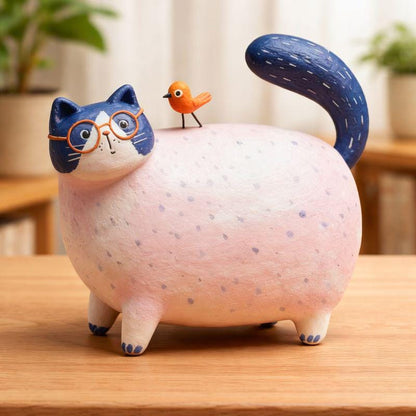 Handmade Blue Cat Clay Sculpture