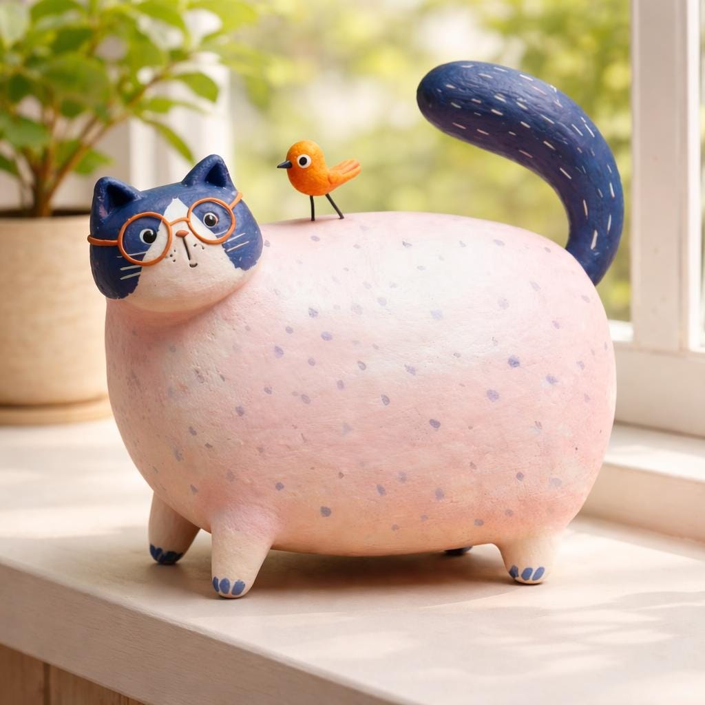 Handmade Blue Cat Clay Sculpture