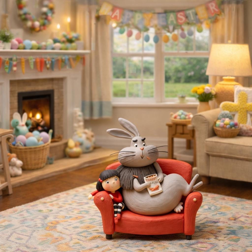 Handmade Bunny and Girl on Sofa Clay Figurine — view 1