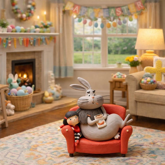 Handmade Bunny and Girl on Sofa Clay Figurine — view 1