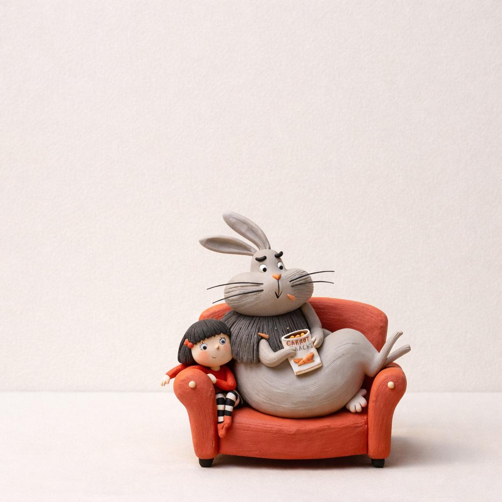 Handmade Bunny and Girl on Sofa Clay Figurine — view 4