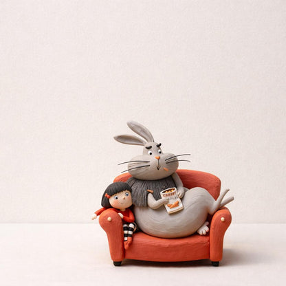 Handmade Bunny and Girl on Sofa Clay Figurine — view 4