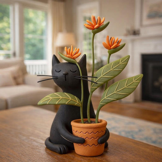 Handmade Black Cat Figurine Holding a Flower Pot
