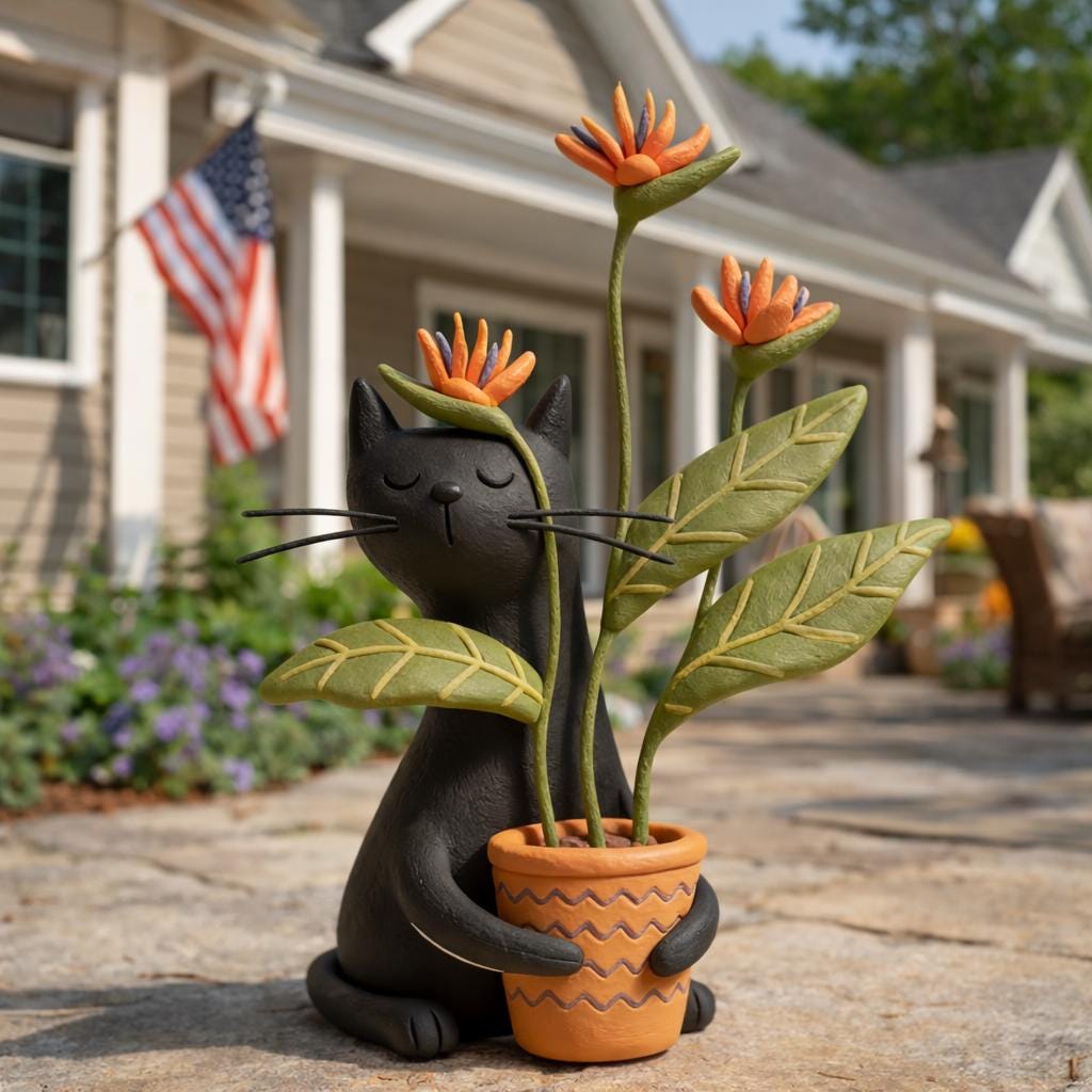 Handmade Black Cat Figurine Holding a Flower Pot