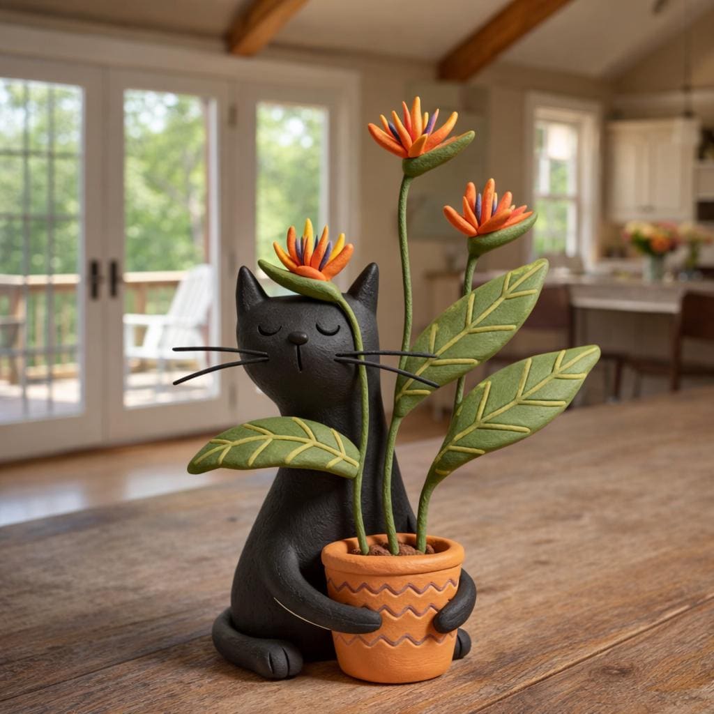 Handmade Black Cat Figurine Holding a Flower Pot
