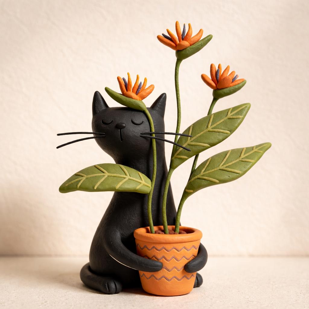 Handmade Black Cat Figurine Holding a Flower Pot
