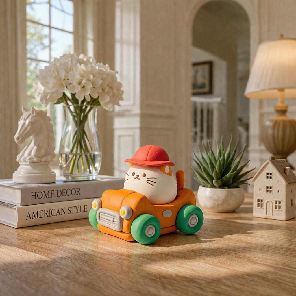 Handmade Cat Driving a Car Clay Figurine — view 1