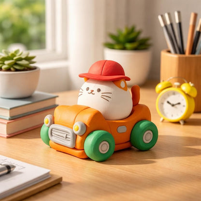 Handmade Cat Driving a Car Clay Figurine — view 2