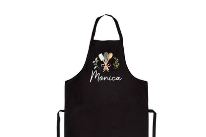 Black apron personalized with Monica